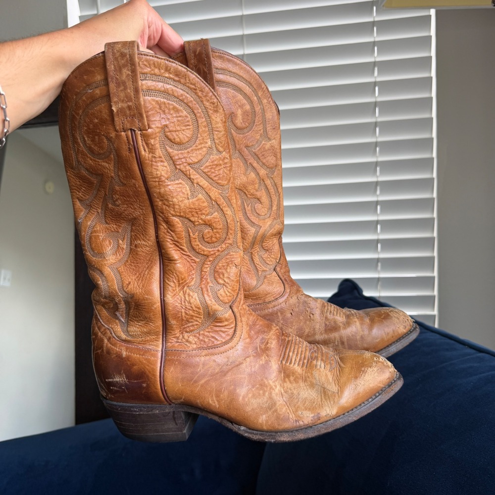 VTG Tony Lama Cowboy Boots Mens 9 EE Brown Leather Western Stitched El Paso TX